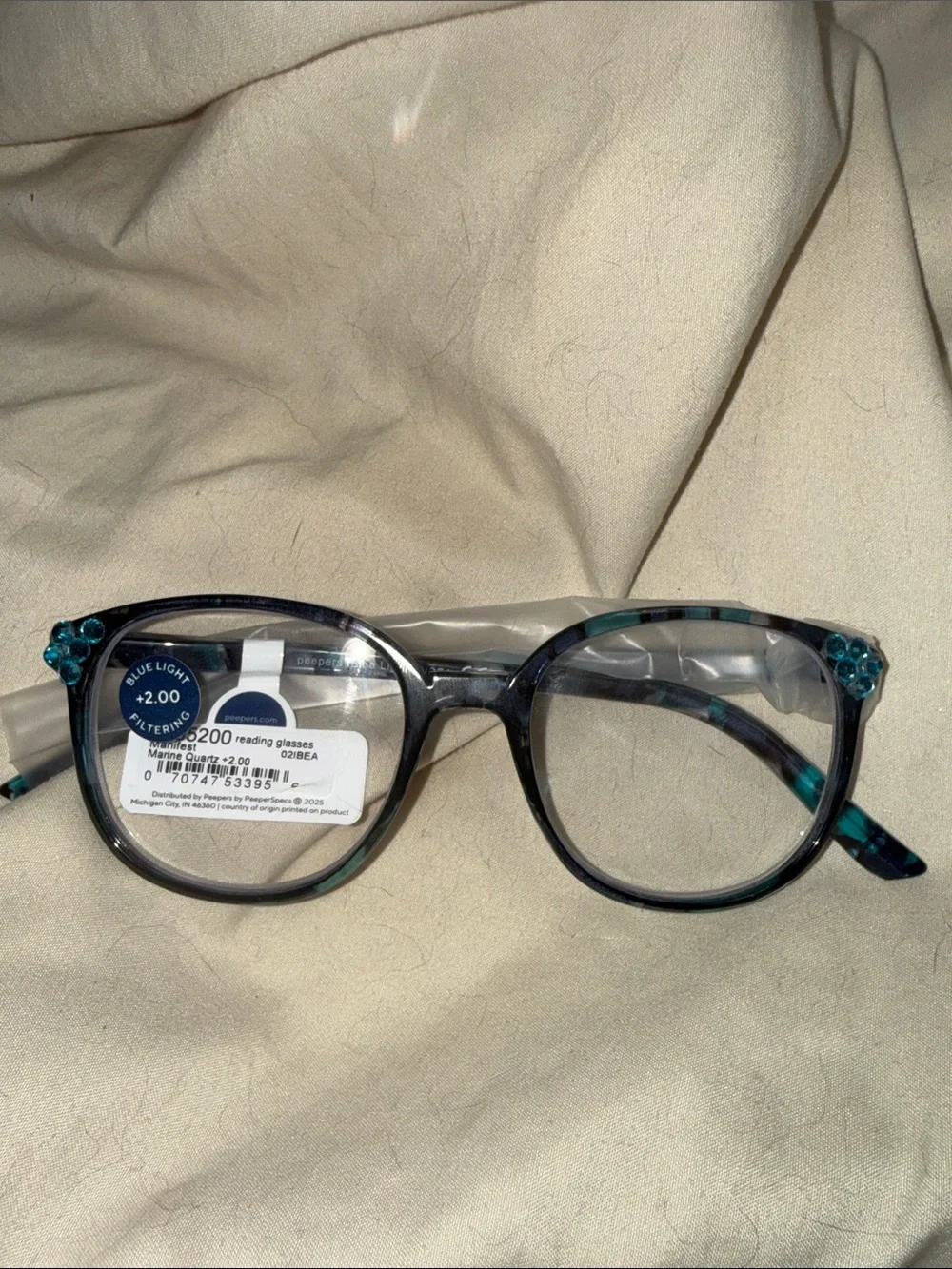 Blue Light Filtering MARINE QUARTZ reading glasses - Teal Floral Accent NEW